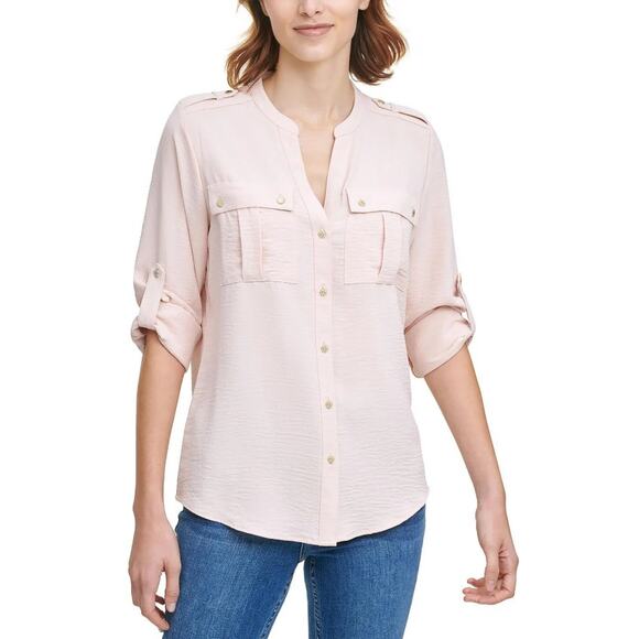 Calvin Klein Shirt WMNS XL Blush Pink Textured Roll Tab Sleeve Button Up Blouse - Picture 2 of 7